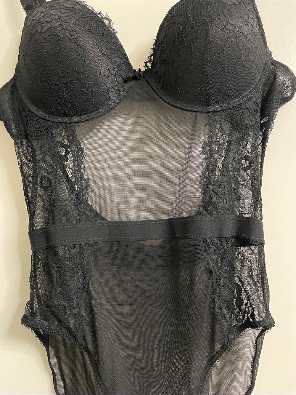 Sophie b. Sexy Black Lace Mesh Strappy Bustier Bodysuit Lingerie Teddy Size L - Picture 3 of 9